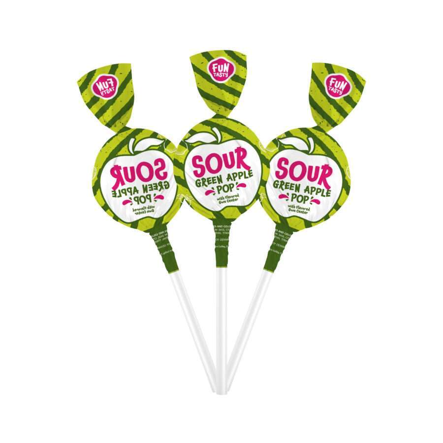 lollipops_Funtasty Sour Green Apple Lollipops, Bag 2-10 lb Sour Green Apple Gum-Filled Lollipops